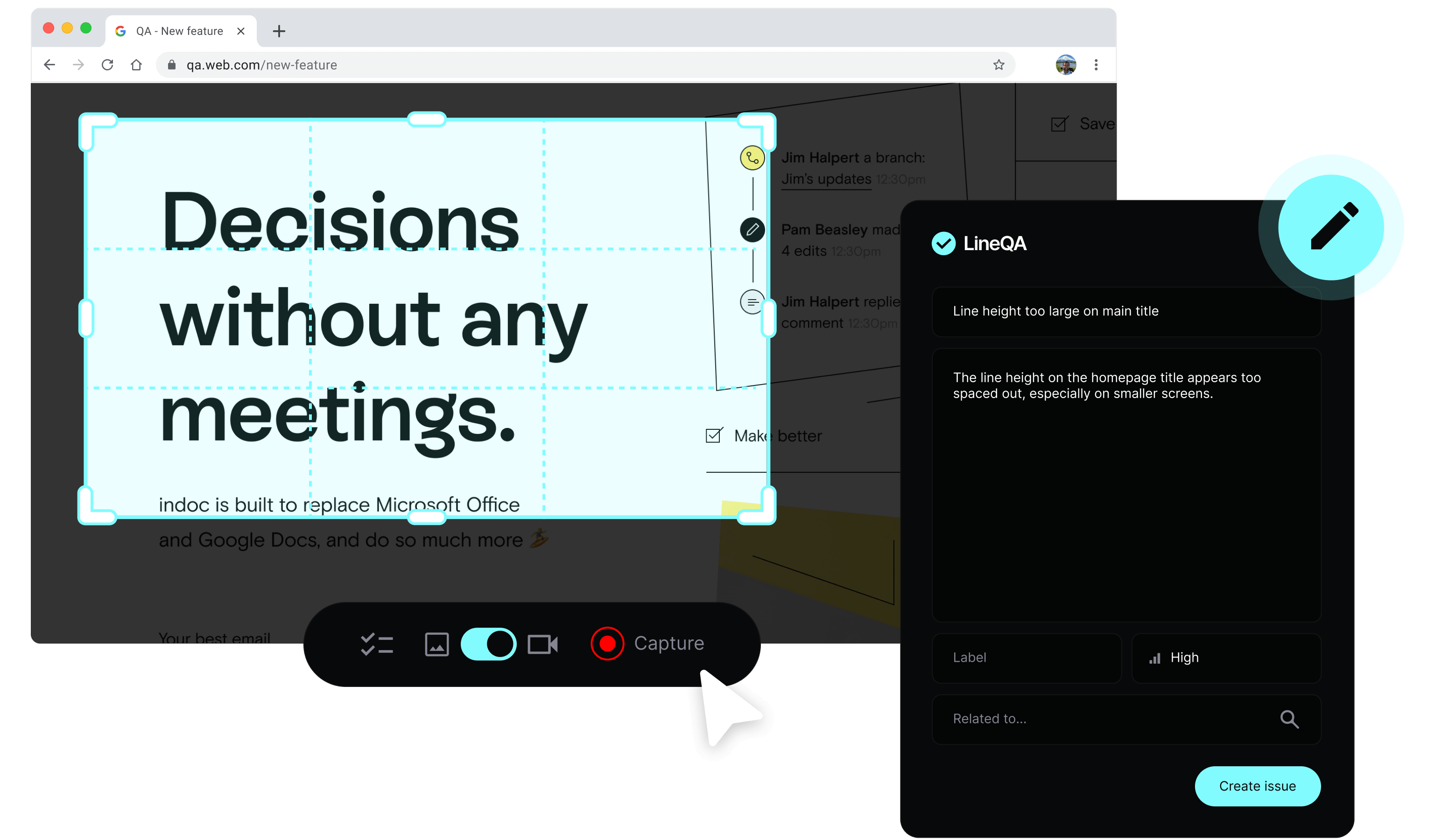 LineQA interface for streamlined bug tracking and issue creation.